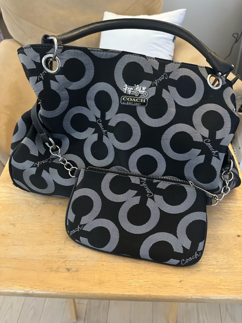 Coach Black and Gray Signature Canvas Shoulder Bag with Wristlet